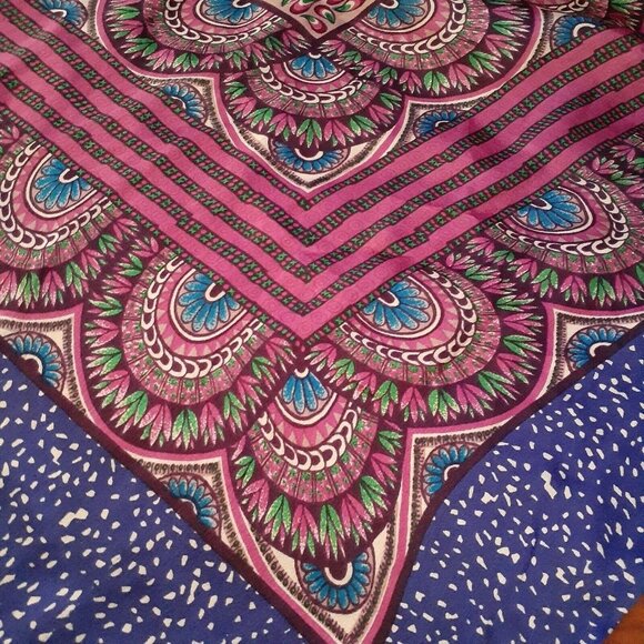 Accessories - Vintage Scarf Peacock Feather Print Hand Rolled Silk Square  31" x 31"